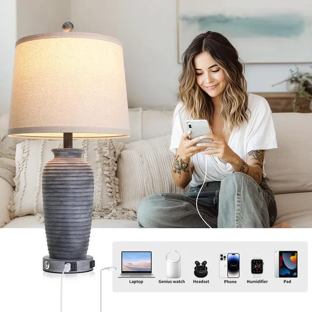 Alt view image 5 of 7 - 25" Retro Distressed Black Farmhouse Jar Table Lamps Set of 2, 3 Way Touch Control Rustic Bedside Lamps with USB A+C Ports & AC Outlet, Pot Nightstand Lamps for Bedroom Living Room