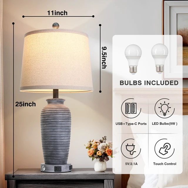 Alt view image 3 of 7 - 25" Retro Distressed Black Farmhouse Jar Table Lamps Set of 2, 3 Way Touch Control Rustic Bedside Lamps with USB A+C Ports & AC Outlet, Pot Nightstand Lamps for Bedroom Living Room