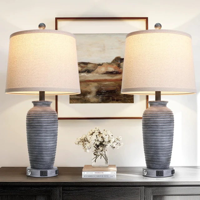Alt view image 6 of 7 - 25" Retro Distressed Black Farmhouse Jar Table Lamps Set of 2, 3 Way Touch Control Rustic Bedside Lamps with USB A+C Ports & AC Outlet, Pot Nightstand Lamps for Bedroom Living Room
