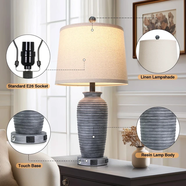 Alt view image 7 of 7 - 25" Retro Distressed Black Farmhouse Jar Table Lamps Set of 2, 3 Way Touch Control Rustic Bedside Lamps with USB A+C Ports & AC Outlet, Pot Nightstand Lamps for Bedroom Living Room
