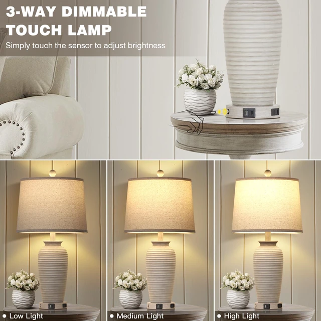 Alt view image 3 of 7 - 25" Farmhouse Jar Table Lamps Set of 2, 3 Way Touch Control Rustic Bedside Lamps with USB A+C Ports & AC Outlet, Pot Nightstand Lamps for Bedroom Living Room (LED Bulbs Included)