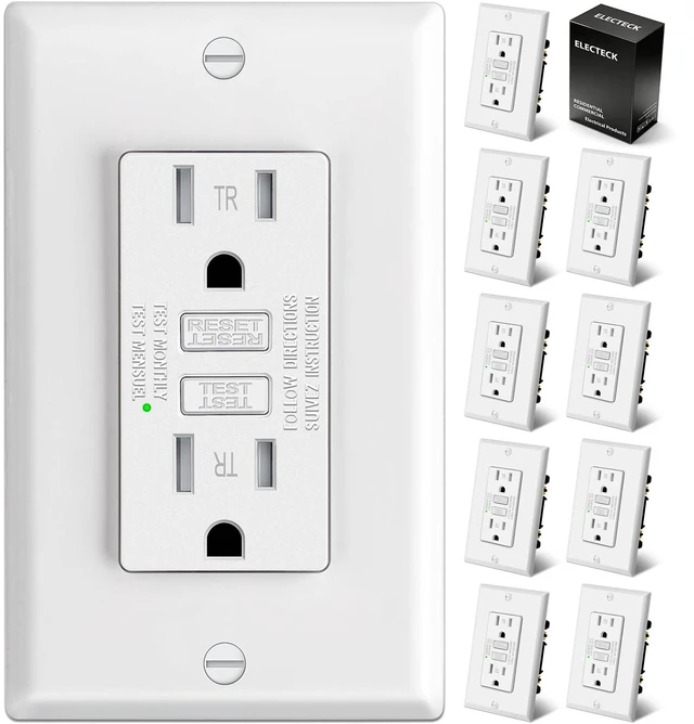 Main image of 10 Pack GFCI Outlets 15 Amp, TR GFI, ETL Listed, White Slim, Tamper Resistant, 15A GFI Receptacles with LED Indicator, Ground Fault Circuit Interrupter, Decor Wallplate Included