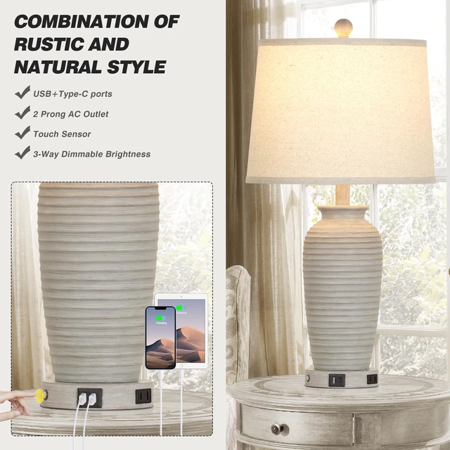 Alt view image 4 of 7 - 25" Farmhouse Jar Table Lamps Set of 2, 3 Way Touch Control Rustic Bedside Lamps with USB A+C Ports & AC Outlet, Pot Nightstand Lamps for Bedroom Living Room (LED Bulbs Included)
