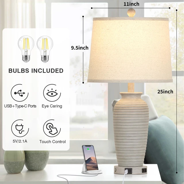 Alt view image 6 of 7 - 25" Farmhouse Jar Table Lamps Set of 2, 3 Way Touch Control Rustic Bedside Lamps with USB A+C Ports & AC Outlet, Pot Nightstand Lamps for Bedroom Living Room (LED Bulbs Included)