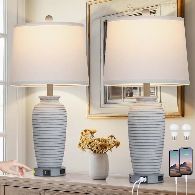 Main image of 25" Farmhouse Jar Table Lamps Set of 2, 3 Way Touch Control Rustic Bedside Lamps with USB A+C Ports & AC Outlet, Pot Nightstand Lamps for Bedroom Living Room (LED Bulbs Included)