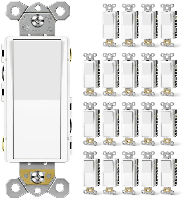 Main image of 20 Pack 4-Way Decorator Light Switch, Self-grounding, ETL Listed Four Way Decor Rocker Paddle Wall Switch, 15A 120/277V, Gloss White