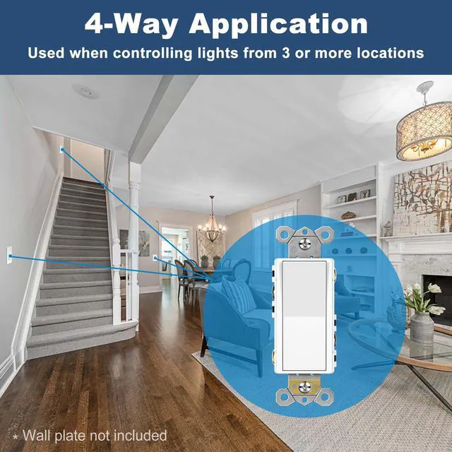 Alt view image 4 of 7 - 20 Pack 4-Way Decorator Light Switch, Self-grounding, ETL Listed Four Way Decor Rocker Paddle Wall Switch, 15A 120/277V, Gloss White