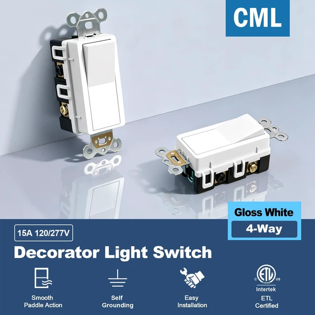 Alt view image 2 of 7 - 20 Pack 4-Way Decorator Light Switch, Self-grounding, ETL Listed Four Way Decor Rocker Paddle Wall Switch, 15A 120/277V, Gloss White