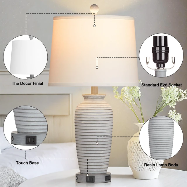 Alt view image 7 of 7 - 25" Farmhouse Jar Table Lamps Set of 2, 3 Way Touch Control Rustic Bedside Lamps with USB A+C Ports & AC Outlet, Pot Nightstand Lamps for Bedroom Living Room (LED Bulbs Included)
