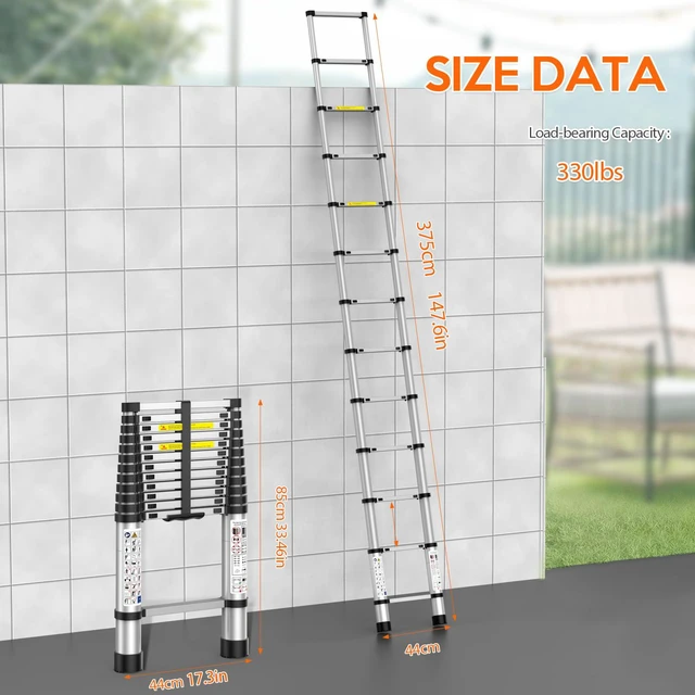 Alt view image 4 of 7 - Telescoping Ladder,12.5 FT Extension Ladder, Heavy Duty 330lbs Max Capacity Multi-Purpose Collapsible Ladder for RV or Outdoor Work Black