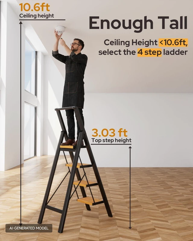 Alt view image 2 of 7 - 4 Step Ladder, Foldable 4 Step Stool, Black & Woodgrain Reach 8ft; Stepladder with Handgrip, Anti-Slip 7.9'' Pedals, Lightweight Tall Ladder for Home,Kitchen,Closet,300 lb Capacity