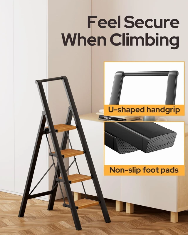 Alt view image 5 of 7 - 4 Step Ladder, Foldable 4 Step Stool, Black & Woodgrain Reach 8ft; Stepladder with Handgrip, Anti-Slip 7.9'' Pedals, Lightweight Tall Ladder for Home,Kitchen,Closet,300 lb Capacity