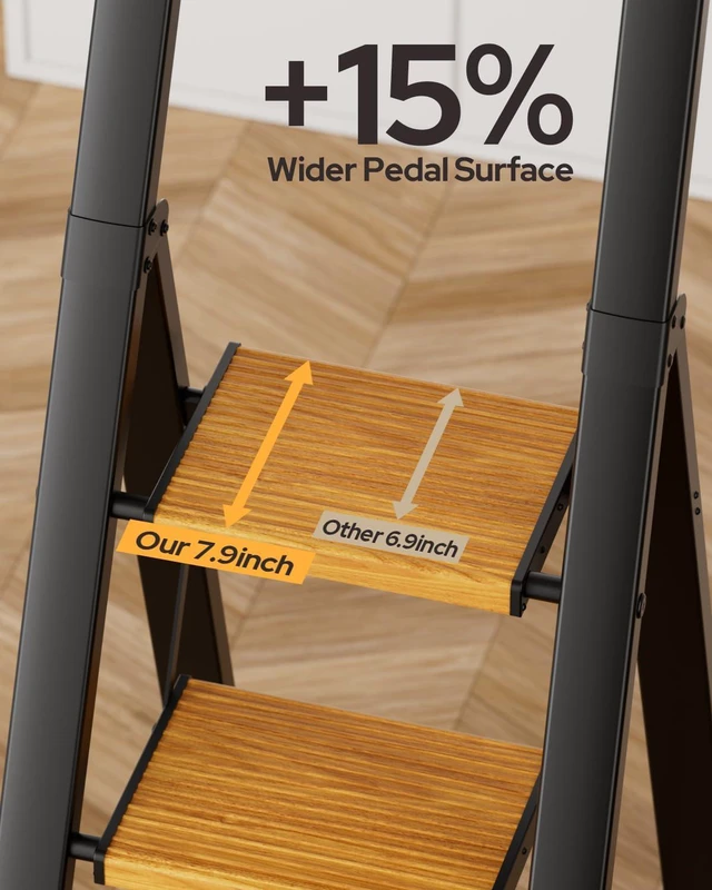 Alt view image 6 of 7 - 4 Step Ladder, Foldable 4 Step Stool, Black & Woodgrain Reach 8ft; Stepladder with Handgrip, Anti-Slip 7.9'' Pedals, Lightweight Tall Ladder for Home,Kitchen,Closet,300 lb Capacity