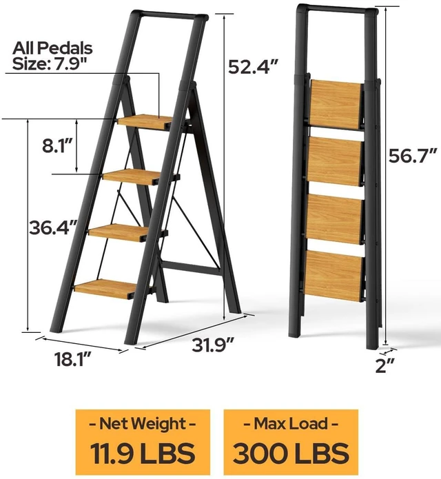 Alt view image 7 of 7 - 4 Step Ladder, Foldable 4 Step Stool, Black & Woodgrain Reach 8ft; Stepladder with Handgrip, Anti-Slip 7.9'' Pedals, Lightweight Tall Ladder for Home,Kitchen,Closet,300 lb Capacity