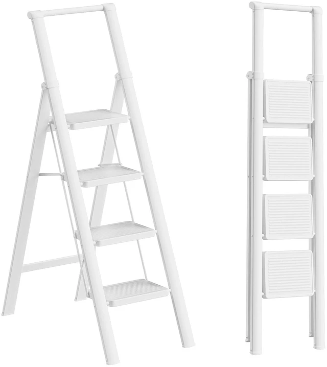 Main image of 4 Step Ladder, Foldable 4 Step Stool, White Reach 8ft; Stepladder with Handgrip, Anti-Slip 7.9'' Pedals, Lightweight Tall Ladder for Home,Kitchen,Closet,300 lb Capacity