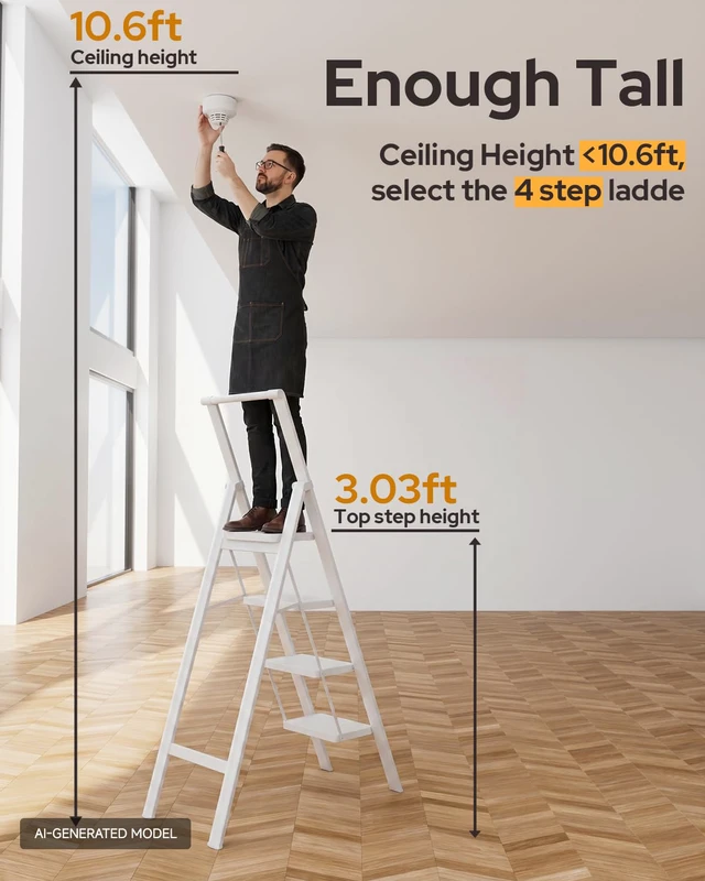 Alt view image 2 of 7 - 4 Step Ladder, Foldable 4 Step Stool, White Reach 8ft; Stepladder with Handgrip, Anti-Slip 7.9'' Pedals, Lightweight Tall Ladder for Home,Kitchen,Closet,300 lb Capacity