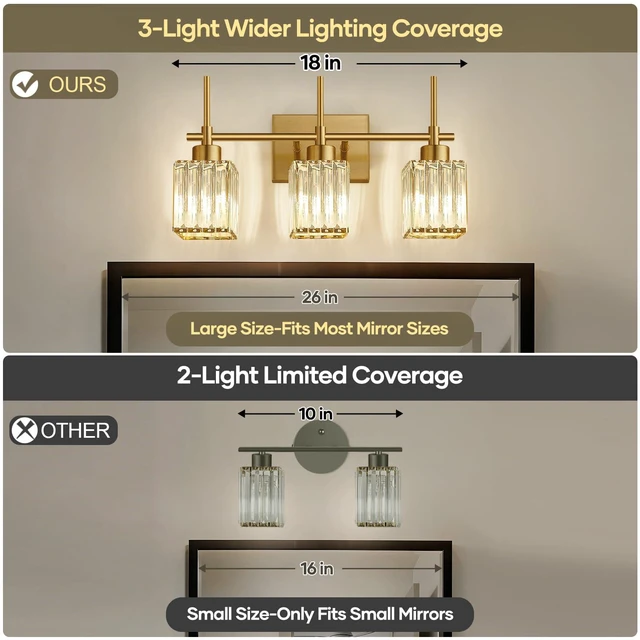 Alt view image 2 of 7 - Modern Crystal Bathroom Vanity Light 3-Light Brushed Gold Bathroom Light Fixtures Over Mirror Brushed Gold Vanity Lighting Fixtures Square Shade Brass Wall Sconce (Bulbs Not Include)