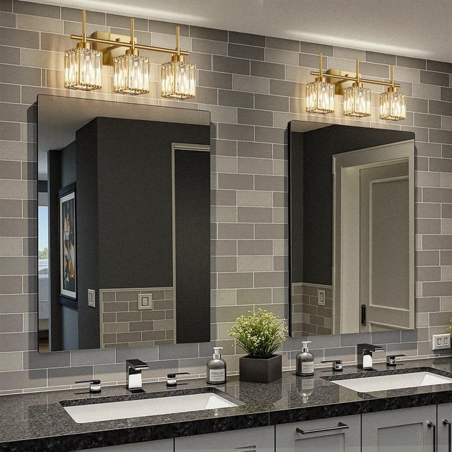Alt view image 4 of 7 - Modern Crystal Bathroom Vanity Light 3-Light Brushed Gold Bathroom Light Fixtures Over Mirror Brushed Gold Vanity Lighting Fixtures Square Shade Brass Wall Sconce (Bulbs Not Include)