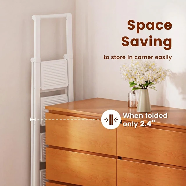 Alt view image 3 of 7 - 4 Step Ladder, Foldable 4 Step Stool, White Reach 8ft; Stepladder with Handgrip, Anti-Slip 7.9'' Pedals, Lightweight Tall Ladder for Home,Kitchen,Closet,300 lb Capacity