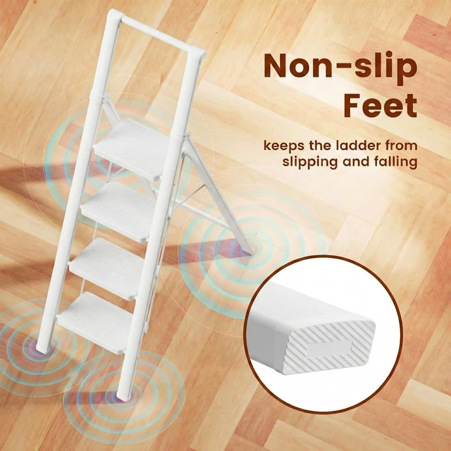Alt view image 5 of 7 - 4 Step Ladder, Foldable 4 Step Stool, White Reach 8ft; Stepladder with Handgrip, Anti-Slip 7.9'' Pedals, Lightweight Tall Ladder for Home,Kitchen,Closet,300 lb Capacity