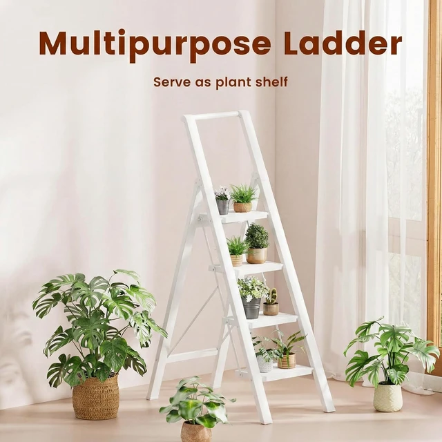 Alt view image 6 of 7 - 4 Step Ladder, Foldable 4 Step Stool, White Reach 8ft; Stepladder with Handgrip, Anti-Slip 7.9'' Pedals, Lightweight Tall Ladder for Home,Kitchen,Closet,300 lb Capacity
