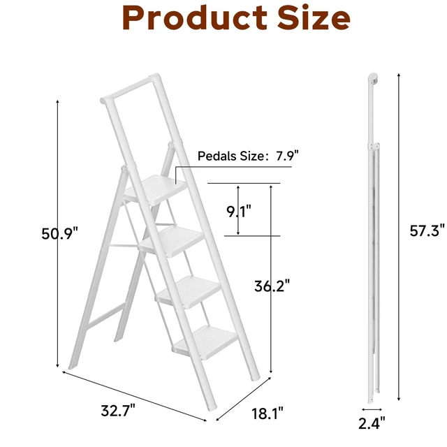 Alt view image 7 of 7 - 4 Step Ladder, Foldable 4 Step Stool, White Reach 8ft; Stepladder with Handgrip, Anti-Slip 7.9'' Pedals, Lightweight Tall Ladder for Home,Kitchen,Closet,300 lb Capacity