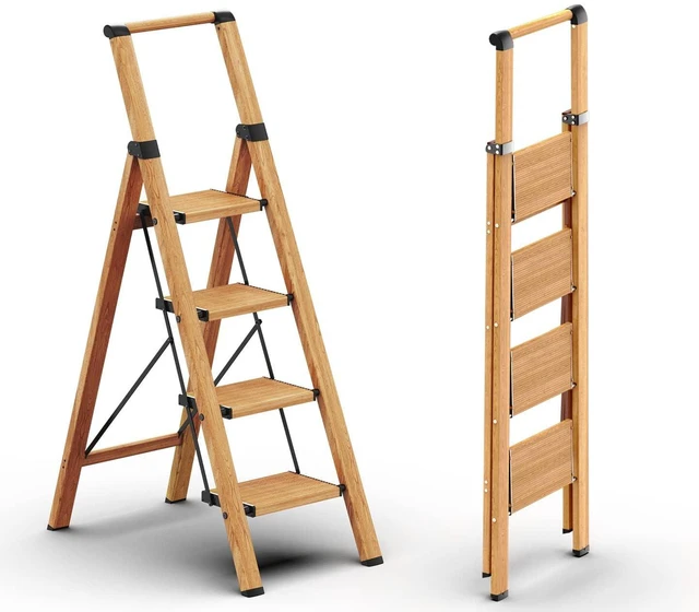 Main image of 4 Step Ladder, Foldable 4 Step Stool, Woodgrin Reach 8ft; Stepladder with Handgrip, Anti-Slip 7.9'' Pedals, Lightweight Tall Ladder for Home,Kitchen,Closet,300 lb Capacity