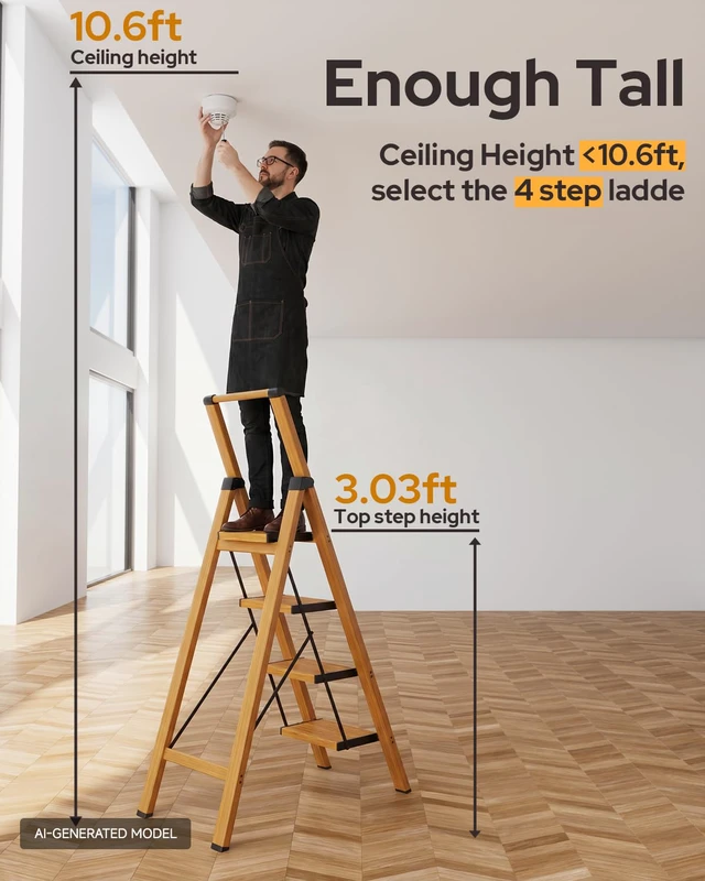 Alt view image 2 of 7 - 4 Step Ladder, Foldable 4 Step Stool, Woodgrin Reach 8ft; Stepladder with Handgrip, Anti-Slip 7.9'' Pedals, Lightweight Tall Ladder for Home,Kitchen,Closet,300 lb Capacity