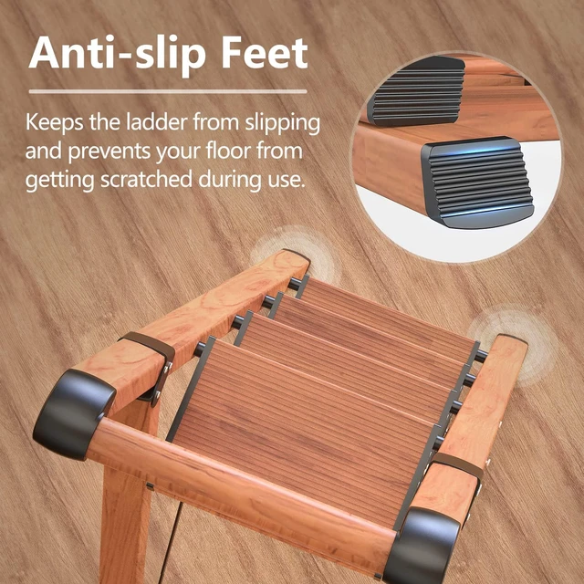 Alt view image 5 of 7 - 4 Step Ladder, Foldable 4 Step Stool, Woodgrin Reach 8ft; Stepladder with Handgrip, Anti-Slip 7.9'' Pedals, Lightweight Tall Ladder for Home,Kitchen,Closet,300 lb Capacity