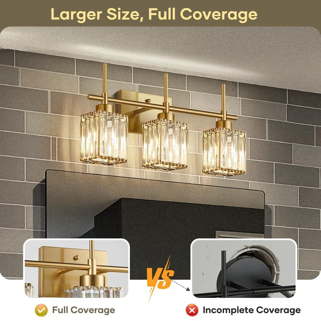 Alt view image 6 of 7 - Modern Crystal Bathroom Vanity Light 3-Light Brushed Gold Bathroom Light Fixtures Over Mirror Brushed Gold Vanity Lighting Fixtures Square Shade Brass Wall Sconce (Bulbs Not Include)