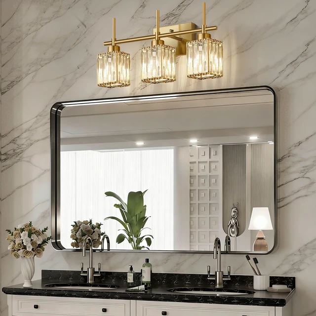 Alt view image 7 of 7 - Modern Crystal Bathroom Vanity Light 3-Light Brushed Gold Bathroom Light Fixtures Over Mirror Brushed Gold Vanity Lighting Fixtures Square Shade Brass Wall Sconce (Bulbs Not Include)