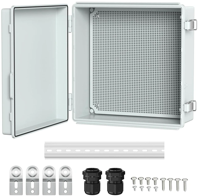 Main image of Outdoor Waterproof Electrical Box 13x13x5 IP67 water&UV proof box, 304 stainless latch, durable plastic, plate&rail, wall/freestand for marine, solar, Starlink & more