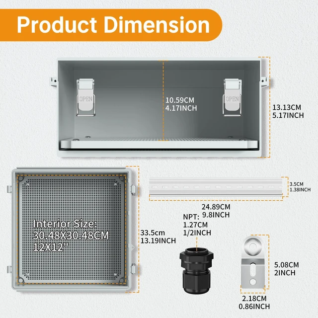 Alt view image 2 of 6 - Outdoor Waterproof Electrical Box 13x13x5 IP67 water&UV proof box, 304 stainless latch, durable plastic, plate&rail, wall/freestand for marine, solar, Starlink & more