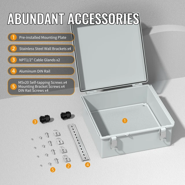 Alt view image 3 of 6 - Outdoor Waterproof Electrical Box 13x13x5 IP67 water&UV proof box, 304 stainless latch, durable plastic, plate&rail, wall/freestand for marine, solar, Starlink & more