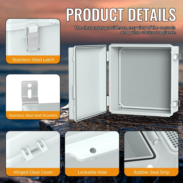 Alt view image 4 of 6 - Outdoor Waterproof Electrical Box 13x13x5 IP67 water&UV proof box, 304 stainless latch, durable plastic, plate&rail, wall/freestand for marine, solar, Starlink & more