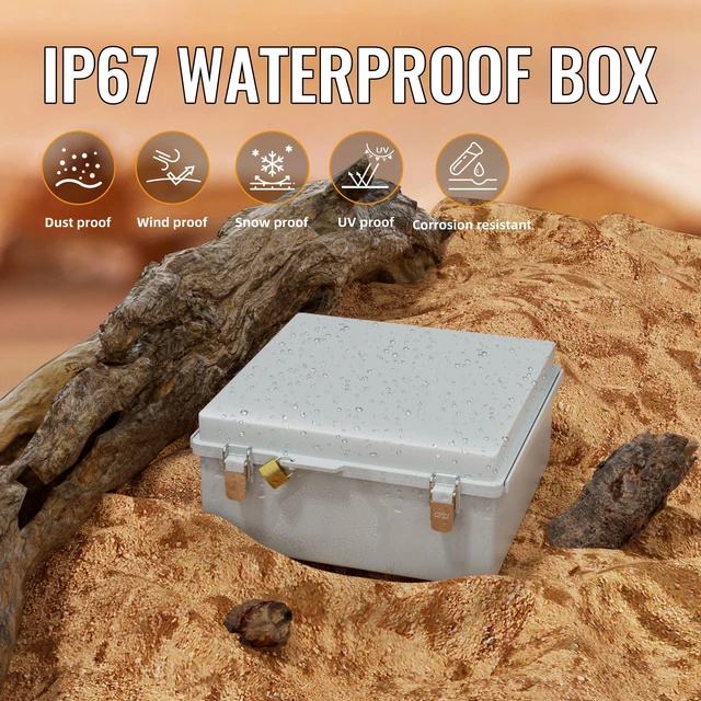 Alt view image 5 of 6 - Outdoor Waterproof Electrical Box 13x13x5 IP67 water&UV proof box, 304 stainless latch, durable plastic, plate&rail, wall/freestand for marine, solar, Starlink & more