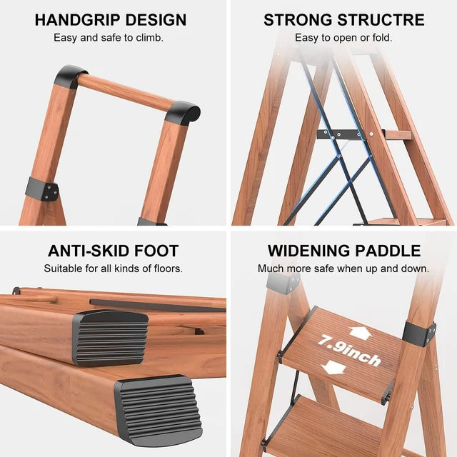 Alt view image 6 of 7 - 4 Step Ladder, Foldable 4 Step Stool, Woodgrin Reach 8ft; Stepladder with Handgrip, Anti-Slip 7.9'' Pedals, Lightweight Tall Ladder for Home,Kitchen,Closet,300 lb Capacity
