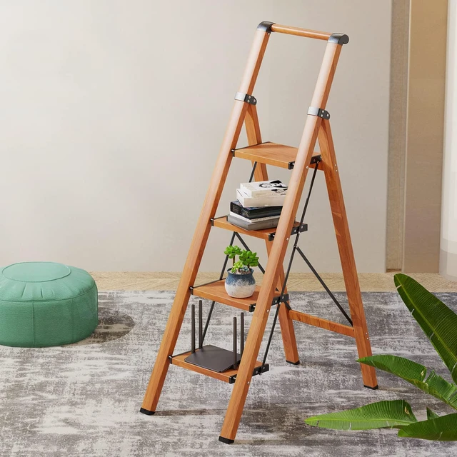 Alt view image 7 of 7 - 4 Step Ladder, Foldable 4 Step Stool, Woodgrin Reach 8ft; Stepladder with Handgrip, Anti-Slip 7.9'' Pedals, Lightweight Tall Ladder for Home,Kitchen,Closet,300 lb Capacity