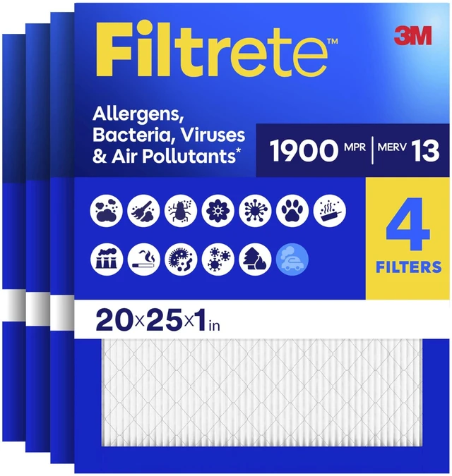 Main image of 20x25x1 Air Filter, MERV 13 MPR 1900, Allergens, Bacteria, Viruses & Air Pollutants, 3-Month AC/Furnace Filters, Cleaner Air Reliable Airflow, 4 HVAC Filters(Act Size 19.62x24.62x0.78 in)