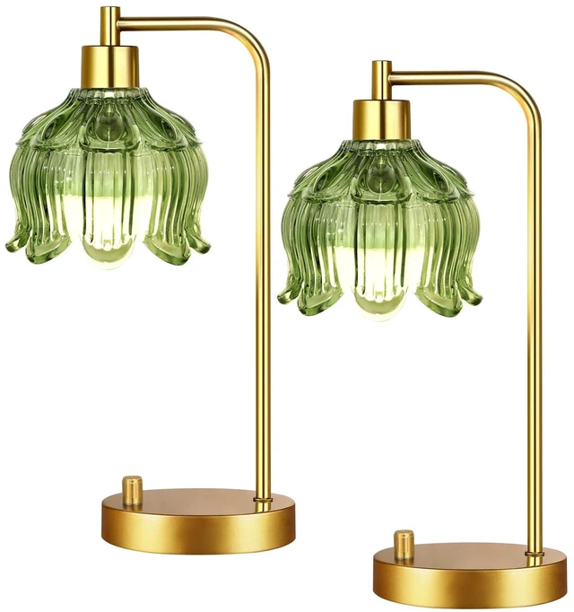 Main image of Glass Table Lamp Set of 2,Small Gold Bedside Lamps Dimmable Boho Bedroom Lamp with Tulip Flower Green Lamp Shade,Vintage Mid Century Modern Mini Nightstand Lamp for Bedroom Living Room