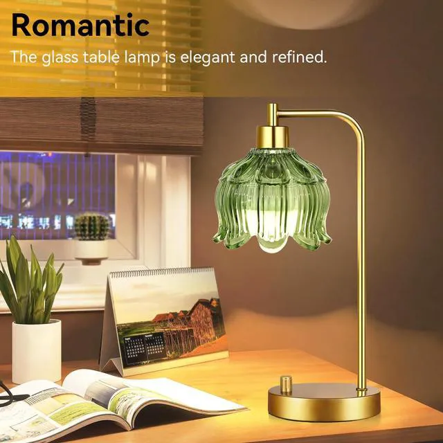 Alt view image 3 of 7 - Glass Table Lamp Set of 2,Small Gold Bedside Lamps Dimmable Boho Bedroom Lamp with Tulip Flower Green Lamp Shade,Vintage Mid Century Modern Mini Nightstand Lamp for Bedroom Living Room