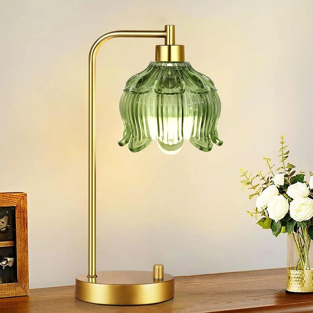 Alt view image 4 of 7 - Glass Table Lamp Set of 2,Small Gold Bedside Lamps Dimmable Boho Bedroom Lamp with Tulip Flower Green Lamp Shade,Vintage Mid Century Modern Mini Nightstand Lamp for Bedroom Living Room