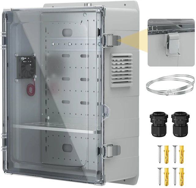 Main image of Outdoor Electric Enclosure Box 18.1x12.6x6.4 Waterproof ABS Clear Weatherproof WiFi Enclosure with 12V Fan, Stainless Steel Buckles, DIN Rail & Wall/Pole Mounting