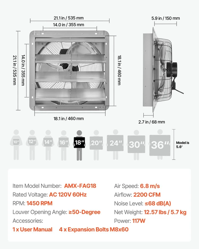 Alt view image 7 of 7 - 18 Inch Shutter Exhaust Fan Wall Mounted Automatic Louvers Silver, Sturdy Steel Housing, 3051 CFM Low Noise, AC Motor, Ventilation and Cooling for Attic, Garage, Barn, Greenhouse, Workshop