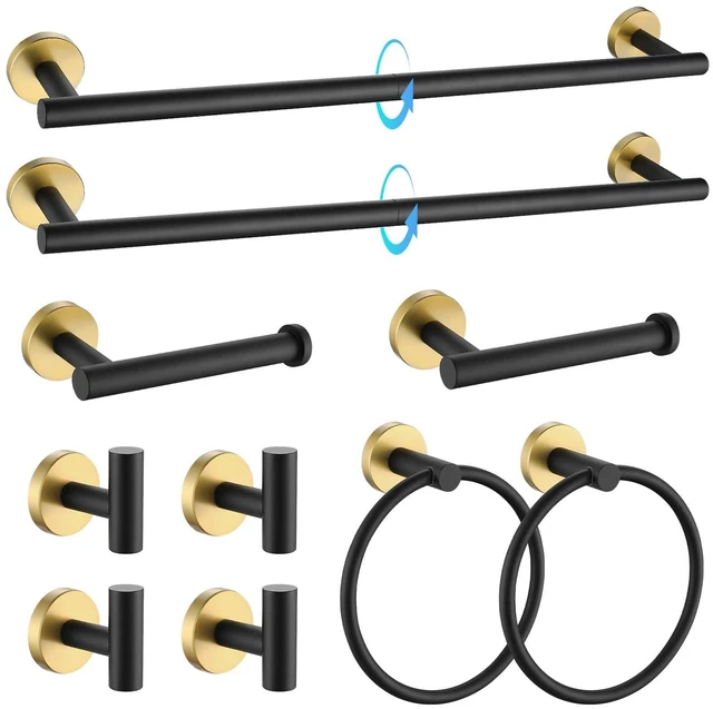 Main image of Black and Gold Bathroom Hardware Accessories Set 10-Pieces, Premium SUS304 Stainless Steel Bathroom Towel Bar Holder Set 23.6 Inch Round Towel Racks for Bathroom Wall Mounted