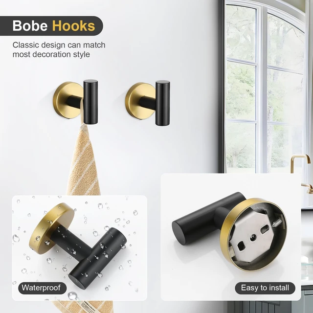 Alt view image 4 of 7 - Black and Gold Bathroom Hardware Accessories Set 10-Pieces, Premium SUS304 Stainless Steel Bathroom Towel Bar Holder Set 23.6 Inch Round Towel Racks for Bathroom Wall Mounted