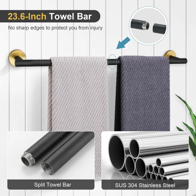 Alt view image 2 of 7 - Black and Gold Bathroom Hardware Accessories Set 10-Pieces, Premium SUS304 Stainless Steel Bathroom Towel Bar Holder Set 23.6 Inch Round Towel Racks for Bathroom Wall Mounted