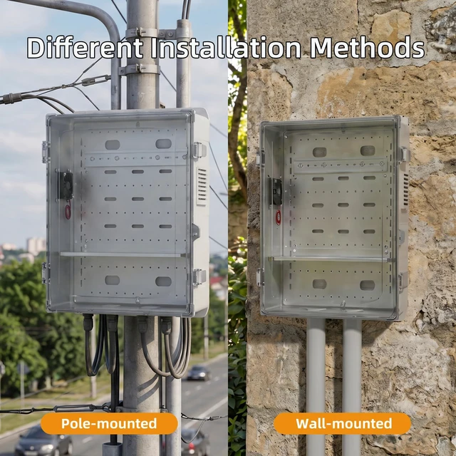 Alt view image 4 of 6 - Outdoor Electric Enclosure Box 18.1x12.6x6.4 Waterproof ABS Clear Weatherproof WiFi Enclosure with 12V Fan, Stainless Steel Buckles, DIN Rail & Wall/Pole Mounting