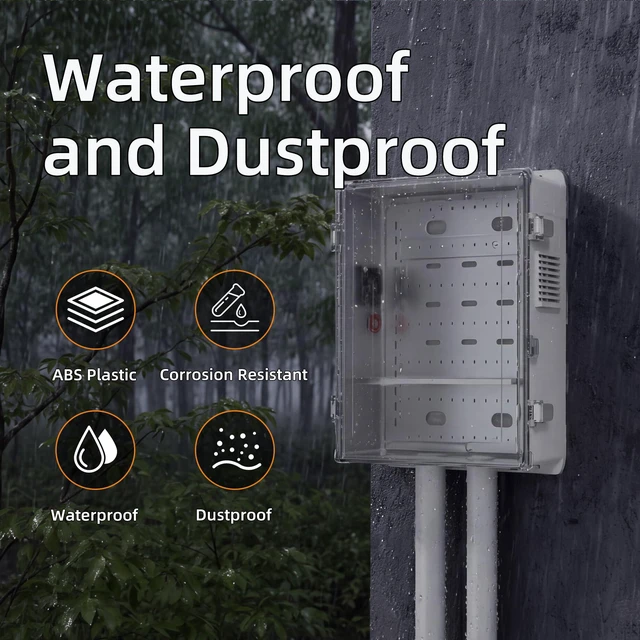 Alt view image 3 of 6 - Outdoor Electric Enclosure Box 18.1x12.6x6.4 Waterproof ABS Clear Weatherproof WiFi Enclosure with 12V Fan, Stainless Steel Buckles, DIN Rail & Wall/Pole Mounting