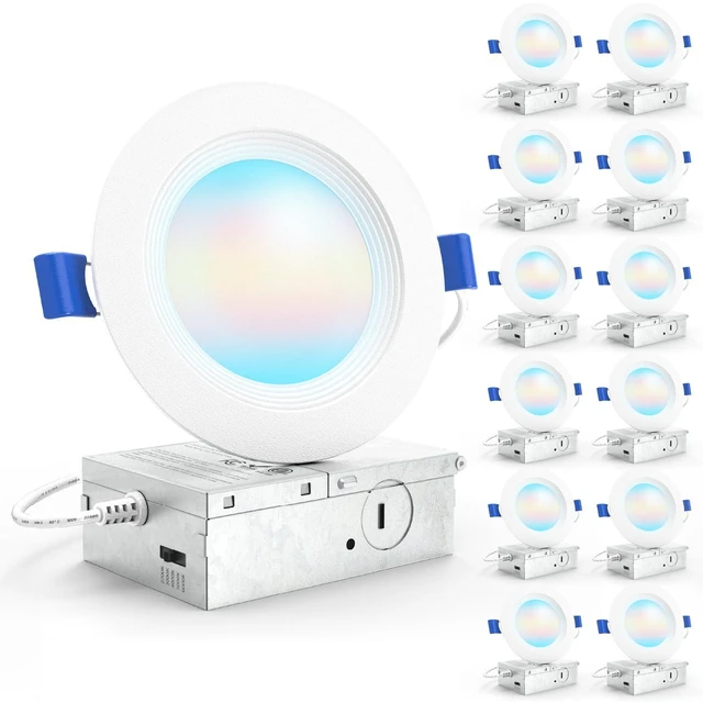 Main image of 12 Pack 4 Inch Slim Canless LED Recessed Lights, 10W 5CCT, Dimmable 850LM, Selectable CCT 2700K/3000K/4000K/5000K/6000K, Baffle Trim, Junction Box, LED Downlight, for Kitchens, Low Ceilings